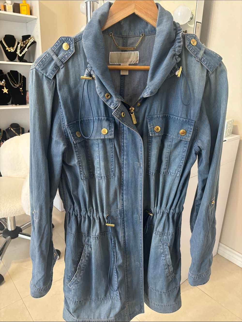 MICHAEL Michael Kors Blue Denim Drawstring Utility Jacket